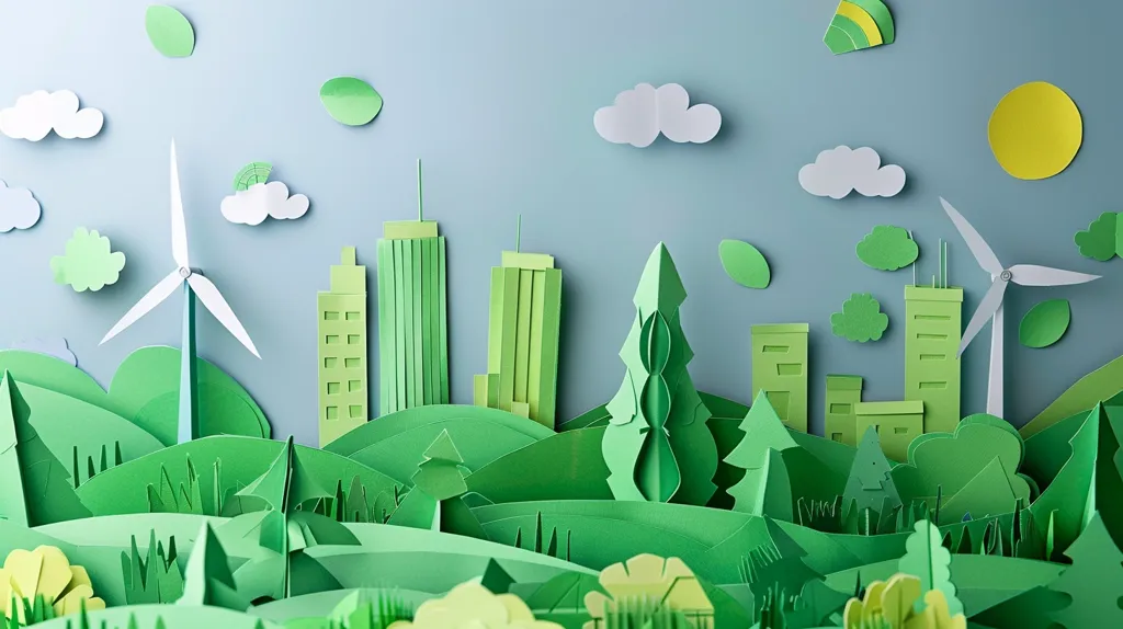 A paper craft cityscape with green buildings and trees. Two wind turbines stand tall on hills, with a bright yellow sun in the upper right corner. The background is a soft blue, suggesting a clear sky. Clouds and leaves are scattered around, adding a touch of whimsy. The overall image is one of peace and tranquility, highlighting the harmonious coexistence of nature and urban development.