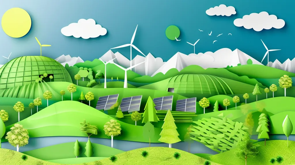The image depicts a papercraft landscape with rolling hills, wind turbines, solar panels, and trees, suggesting a sustainable and eco-friendly environment. The bright green hues and blue sky create a cheerful and optimistic atmosphere. The white clouds and mountains add depth and dimension, while the birds flying overhead add a touch of movement and life. The overall composition is harmonious and inviting, emphasizing the importance of renewable energy and preserving nature.
