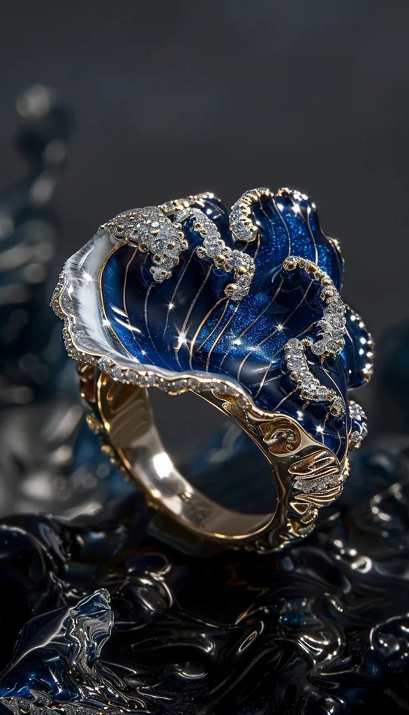 A close-up of a gold ring with a blue enamel and diamond design in the shape of a wave. The ring sits on a dark, reflective surface. The intricate details and sparkling diamonds create a sense of opulence and luxury.  The image highlights the craftsmanship and artistry involved in creating such a unique piece of jewelry.