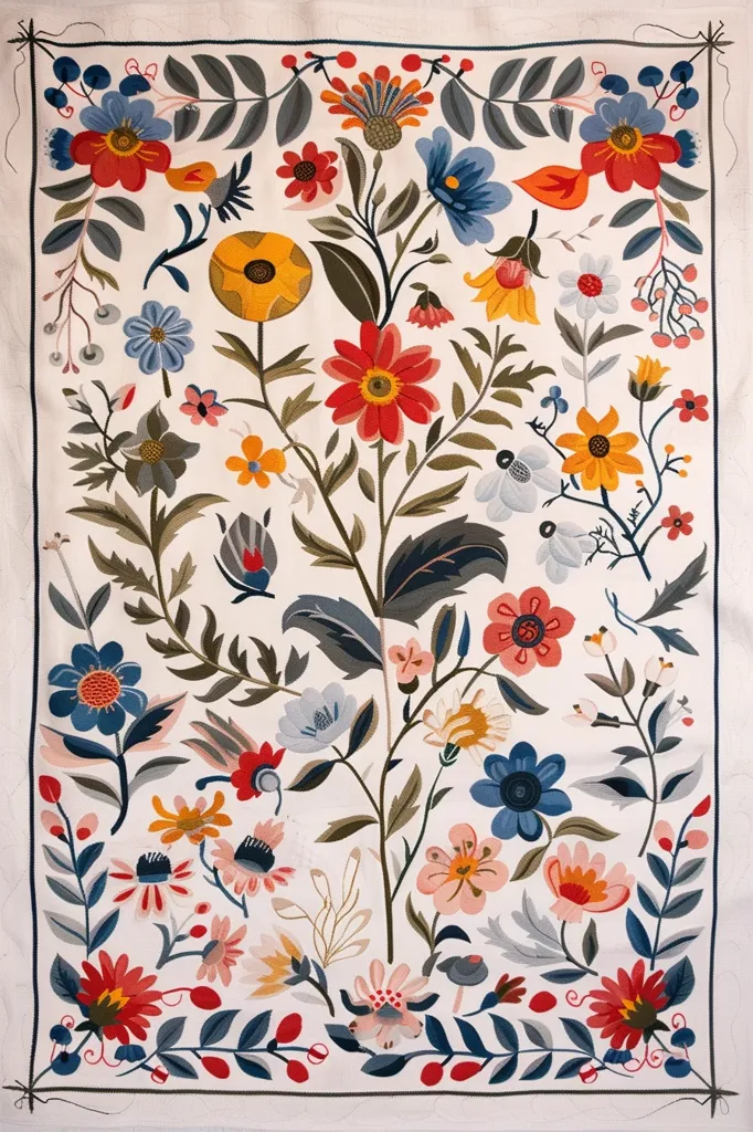 The image depicts a floral pattern on a white background. The design features a variety of flowers in different colors, including red, blue, yellow, and pink. The flowers are arranged in a symmetrical pattern, with intricate details and leaves. The overall impression is one of delicate beauty and intricate craftsmanship.