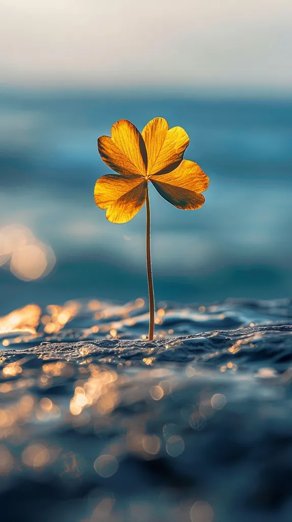A single four-leaf clover, bathed in golden light, stands tall against a backdrop of rippling blue water. The clover's delicate stem emerges from the water's surface, its leaves reaching towards the sky. The image evokes a sense of hope and new beginnings, with the clover symbolizing luck and the water representing a vast and unknown future.