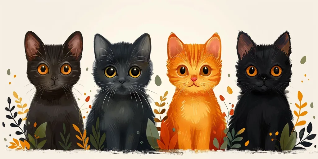 Four adorable kittens, two black, one orange, and one grey, are sitting in a row, looking at the viewer. They are surrounded by stylized leaves and flowers, creating a charming and whimsical scene. The kittens' bright eyes and playful expressions bring a sense of joy to the artwork.