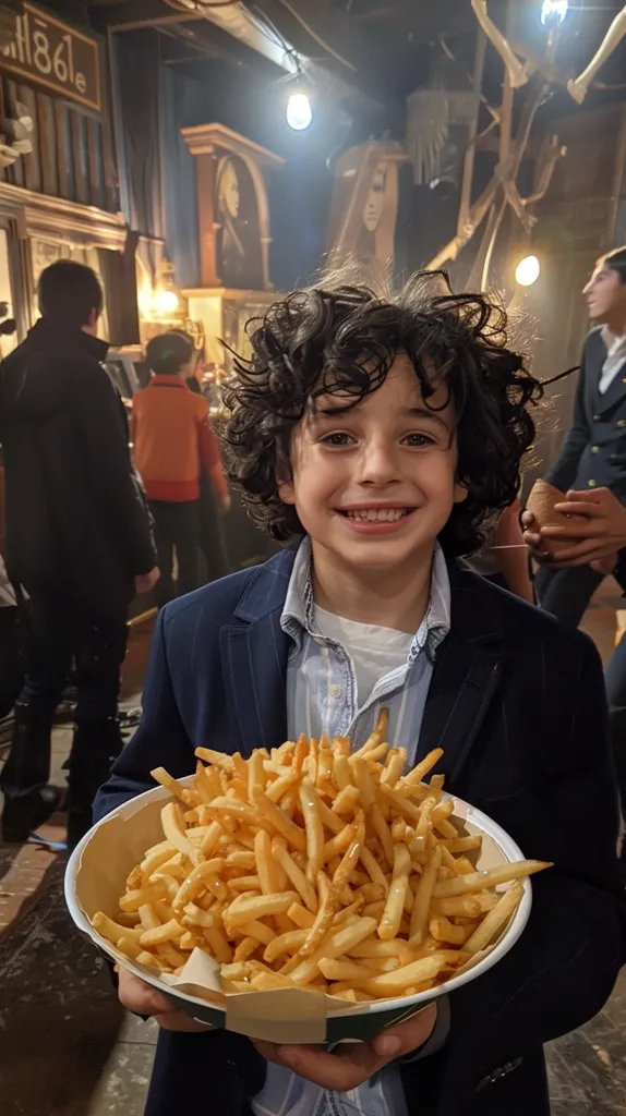 A young boy with curly dark hair is smiling broadly as he holds a large bowl of golden french fries. He is dressed in a blue blazer and a light blue and white striped shirt. He is standing in a dimly lit room with other people in the background. The walls are decorated with dark wood paneling and a few hanging decorations.  The boy appears happy and excited to be eating his fries.