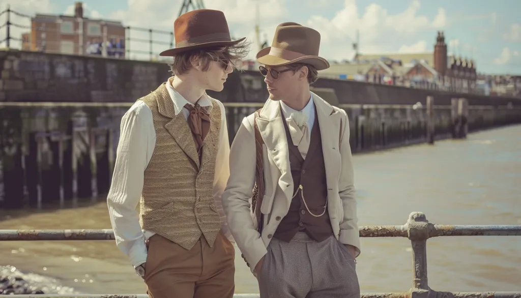 Two men in vintage attire stand by a railing overlooking a body of water. The man on the left wears a brown fedora, a white shirt, a brown vest, and brown pants. The man on the right wears a brown fedora, a white shirt, a brown vest, a tan jacket, and gray pants. The background is a city with buildings and water. The photo has a vintage feel.