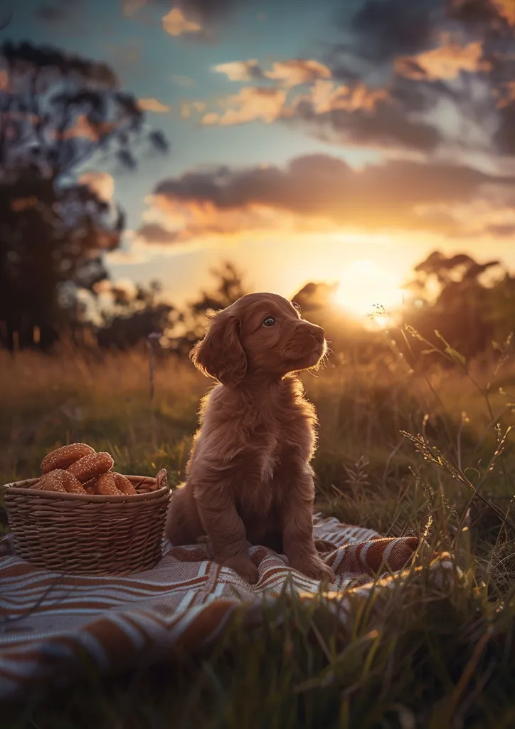 A golden retriever puppy sits on a blanket in a grassy field, gazing up at the setting sun. The sky is a vibrant mix of orange, pink, and purple, with fluffy white clouds. A wicker basket filled with bread rolls sits beside the puppy, adding a touch of warmth to the scene. The soft light of the sunset bathes the entire scene in a golden glow.