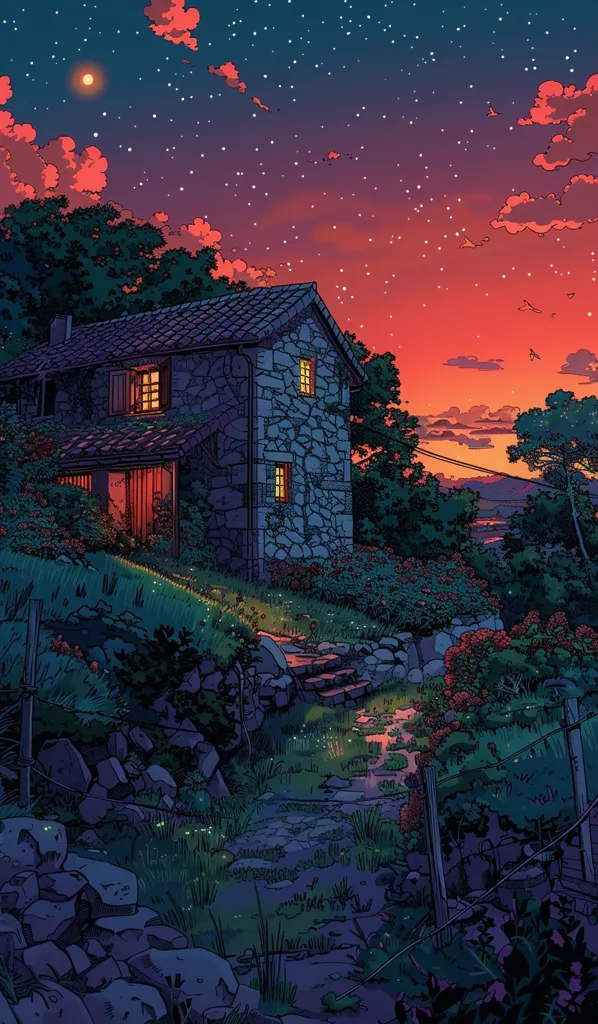 The image depicts a stone cottage nestled amongst lush greenery under a star-filled sky. A soft glow emanates from windows, suggesting warmth and life within.  The path leading to the house is lined with stones and bordered by vibrant foliage, hinting at a serene and idyllic setting.  A distant horizon paints a vibrant sunset, casting a warm, inviting hue over the landscape.  The scene evokes a sense of tranquility and peace, capturing the beauty of a quiet countryside evening.