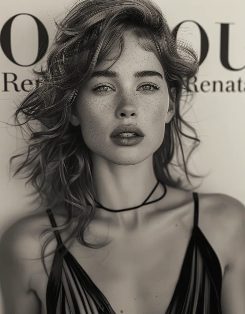 A black and white portrait of a young woman with long wavy hair, wearing a black spaghetti strap top and a thin black choker necklace. The woman has freckles and her eyes are looking directly at the camera. Her lips are slightly parted, and she has a soft, wistful expression. The background is blurred and out of focus. The image is captured from the chest up.