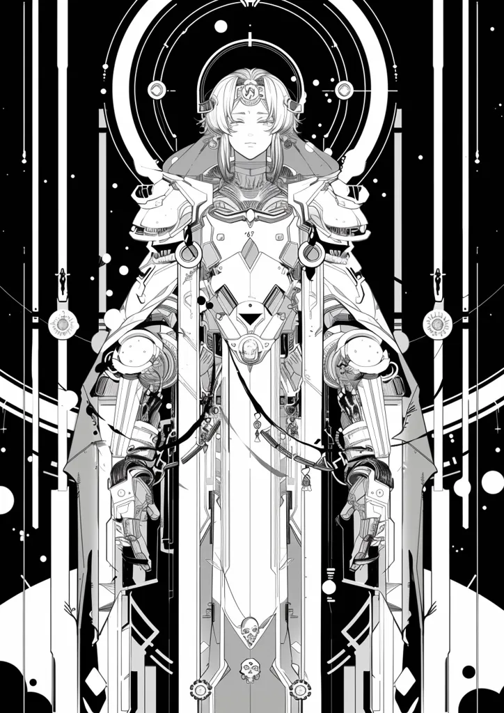 A black and white illustration of a female figure in futuristic armor, standing tall with a stoic expression. The figure is surrounded by intricate geometric patterns and circles, suggesting a technologically advanced setting. The lines and details are sharp and precise, creating a sense of both power and mystery. The figure's posture and expression convey a sense of authority and purpose.  The image is a striking representation of a cyberpunk aesthetic.