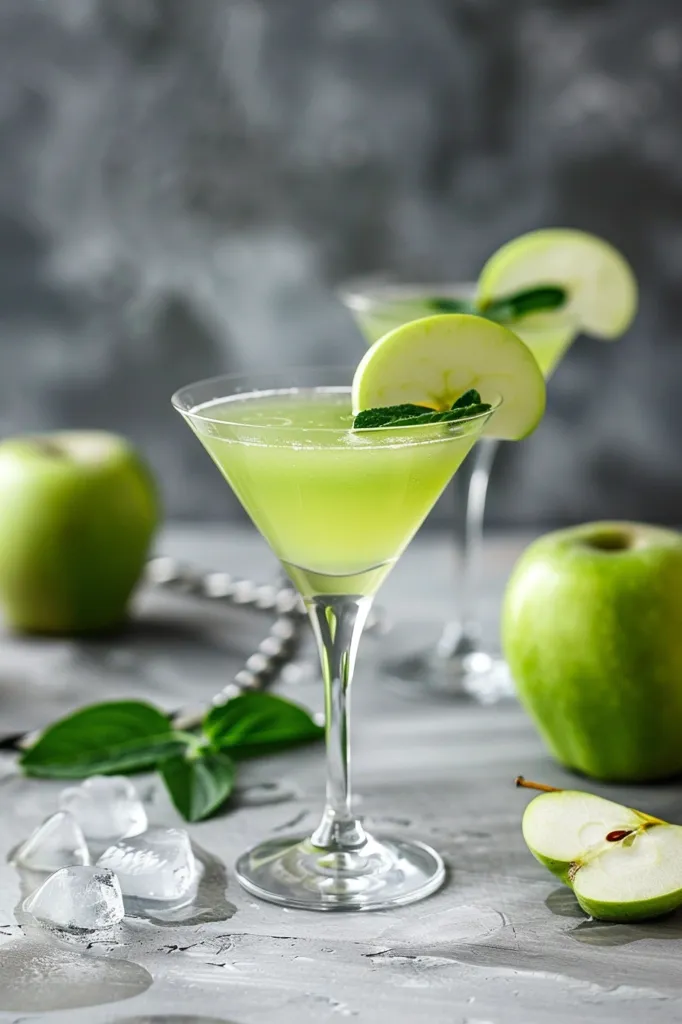 A green apple martini sits on a grey surface. The martini glass is filled with a light green liquid and garnished with a slice of green apple and a sprig of mint. There are ice cubes, green apples, and a half of a green apple on the surface as well.  The background is a blurred grey surface.  The image is bright and inviting.