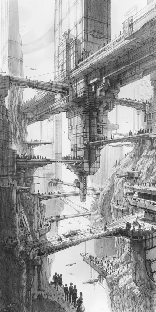 A pencil sketch depicting a futuristic city built upon cliffs and bridges, with towering structures and intricate walkways. People are seen walking along the bridges and platforms, their figures dwarfed by the immense scale of the city. A single car traverses a bridge in the foreground, suggesting a bustling urban life. The overall feel is one of intricate design and a sense of wonder at the possibilities of future architecture.