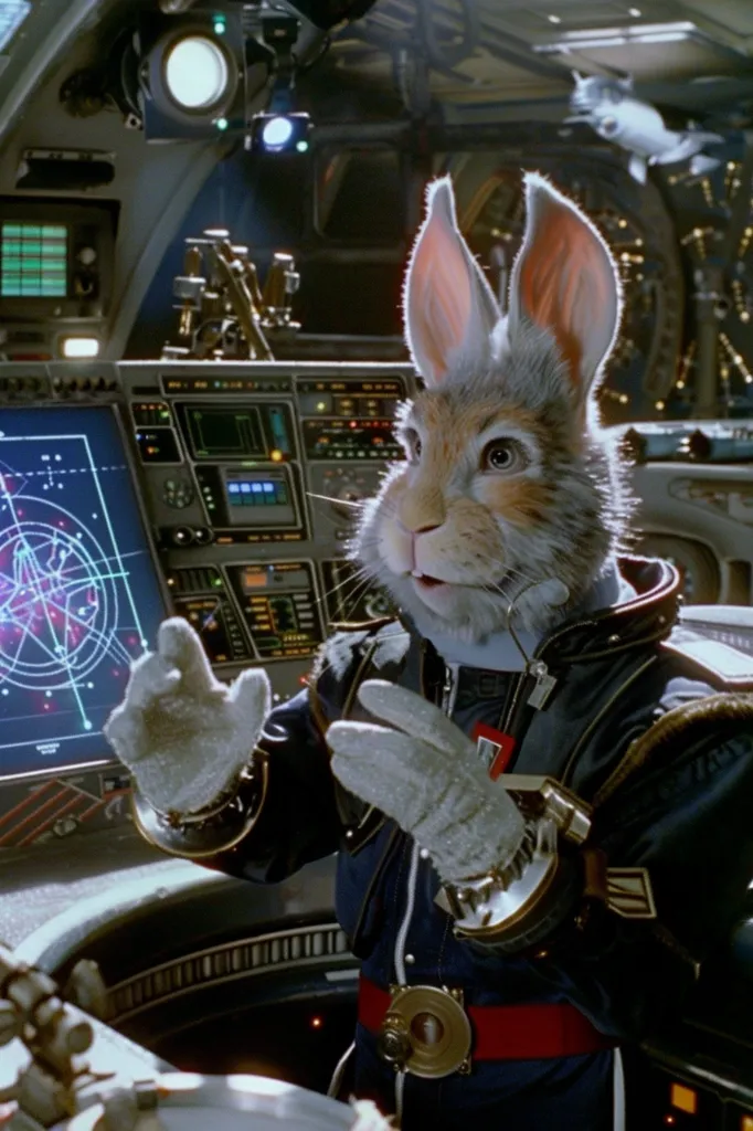 A rabbit wearing a blue space suit with a red belt, white gloves, and a silver bracelet gestures with its right paw. It is sitting in the cockpit of a spaceship, facing the camera. There are many control panels in the background, including a screen displaying a graphical pattern. The lighting in the image is bright, with a focus on the rabbit.