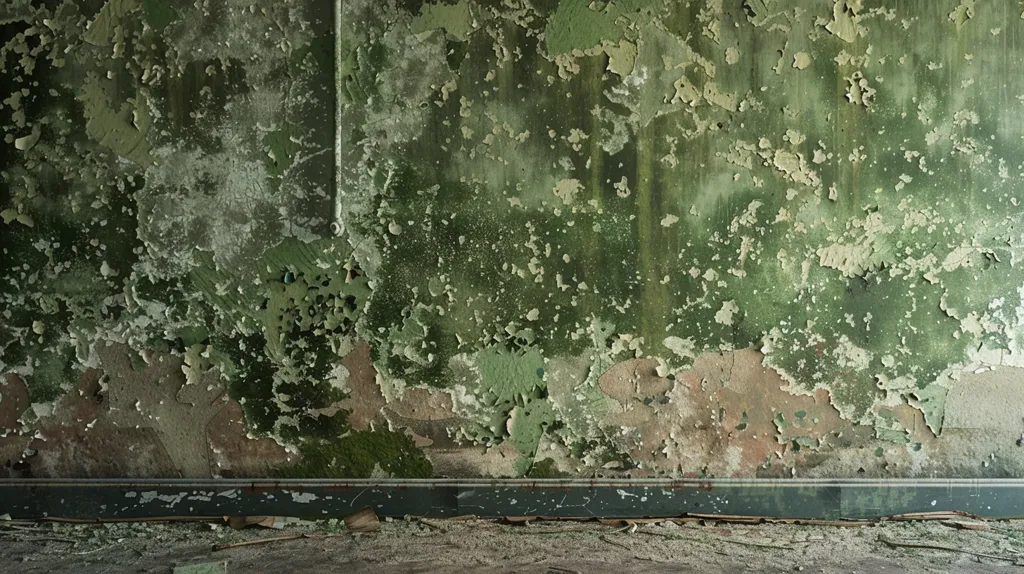 The image shows a close-up of a dilapidated wall, heavily covered in peeling green paint. The once vibrant color is now faded and patchy, revealing the underlying plaster and revealing a dark, damp undertone. The baseboard is cracked and chipped, hinting at the decay that has taken hold. The overall effect is one of neglect and abandonment.