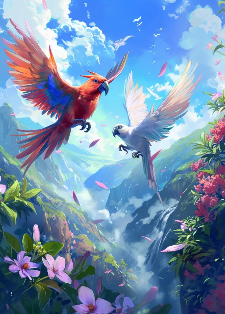 A red and blue parrot flies towards the left, while a white parrot with a blue tail flies towards the right. The parrots are in the foreground against a backdrop of a misty valley with a waterfall.  The sky is bright blue with fluffy white clouds, and there are small pink flowers in the foreground.  There are several small white birds flying high in the sky.  The scene is a fantastical and colorful depiction of a paradise.
