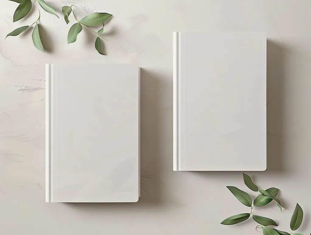 Two blank, white books are laying flat on a light beige surface. There are sprigs of green leaves scattered around the books, adding a natural touch to the minimalist scene. The books are perfectly aligned, with their spines facing inwards, creating a sense of symmetry. The image is a simple and clean representation of blank canvases ready for new ideas.