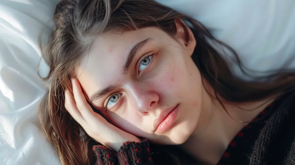 A young woman with long, dark hair lies on a white pillow, her head resting on her hand. Her large, blue eyes are focused on the camera, and her expression is soft and introspective. The image is bathed in soft, natural light, creating a serene and intimate atmosphere. Her lips are slightly parted, giving the impression of a quiet contemplation.  The image evokes a sense of tranquility and inner peace.