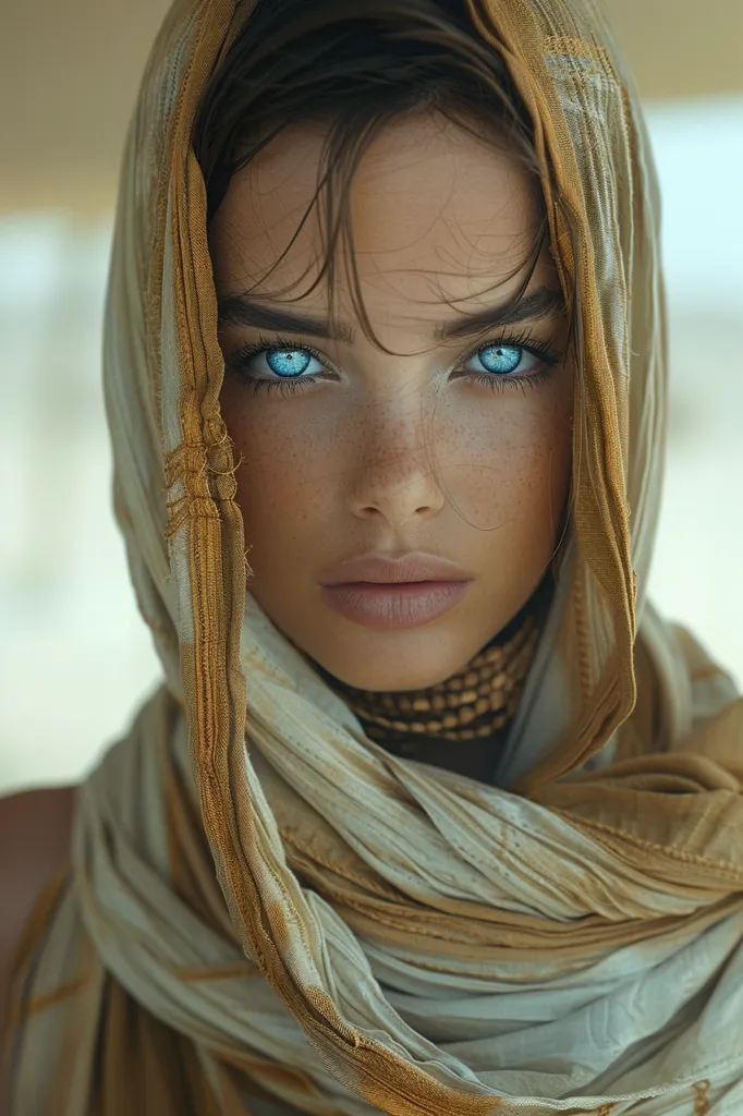 A young woman with striking blue eyes gazes intensely at the viewer. Her face is framed by a flowing, beige scarf, partially obscuring her features, adding an element of mystery. The soft light highlights her delicate features and the intricate texture of the fabric.  She exudes a sense of strength and determination, hinting at a story waiting to be told.