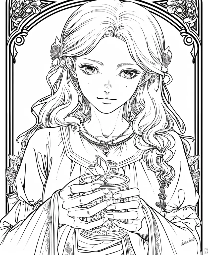 The image is a black and white line drawing of a woman with long flowing hair, wearing a decorative outfit. She is holding a cup in both hands, and there is a floral design around the border. The woman has an elegant and delicate appearance. The style of the drawing suggests an art deco or fantasy aesthetic.