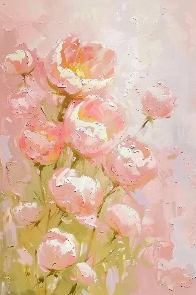 The painting depicts a cluster of pink peonies in a loose, impressionistic style. The flowers are rendered with thick, textured brushstrokes, giving them a soft and dreamy quality. The background is a light, ethereal pink, with hints of green and yellow peeking through. The overall effect is romantic and delicate, capturing the beauty and fragility of these exquisite blooms.