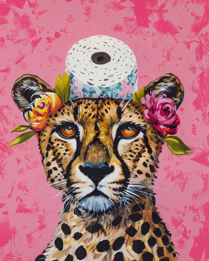 A cheetah with a roll of toilet paper on its head, adorned with flowers. The background is a bright pink with a textured appearance. The cheetah's eyes are wide and alert, giving it a serious expression. The image is a vibrant and whimsical portrayal of a cheetah in an unexpected setting.