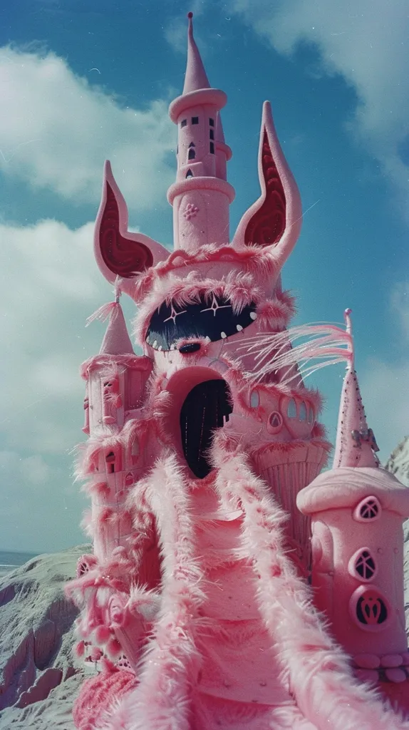 A whimsical pink castle, adorned with fluffy white fur, stands tall against a bright blue sky. It features a tall, slender tower with intricate details and a large, open entrance leading to a slide. The castle appears to be built on a sandy beach, suggesting a playful and fantastical setting.