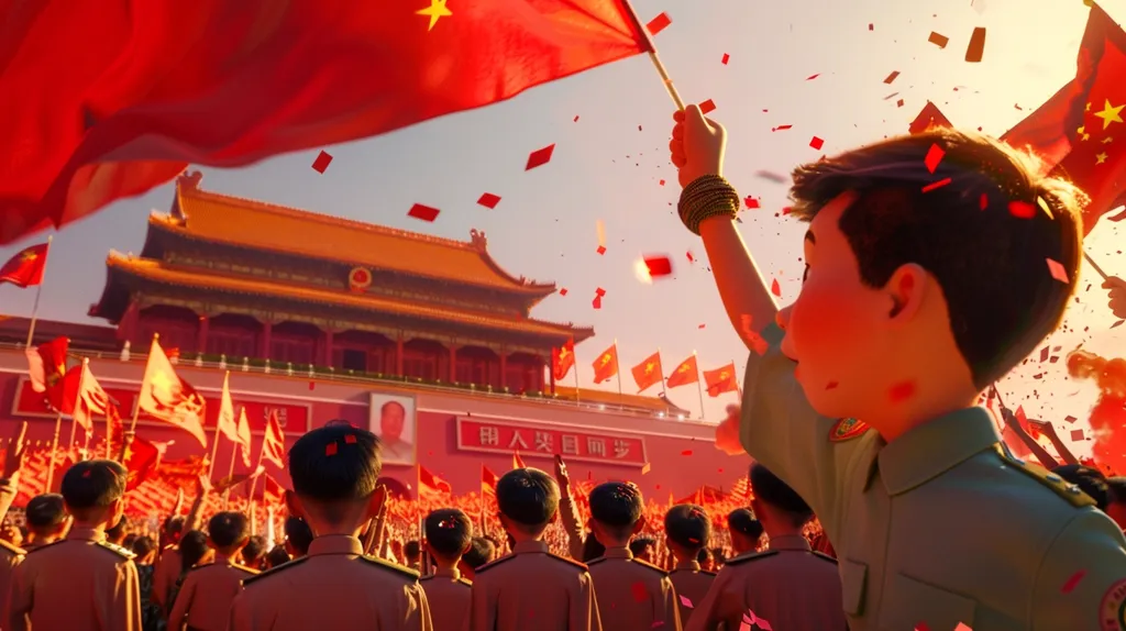 A young boy in a green uniform stands in front of a large crowd waving a red flag with a yellow star in the air. Behind him is a grand building with red walls and a red roof, with a giant picture of a man on the side. The crowd is holding up red flags and confetti is raining down. The scene is filled with a celebratory and patriotic atmosphere.