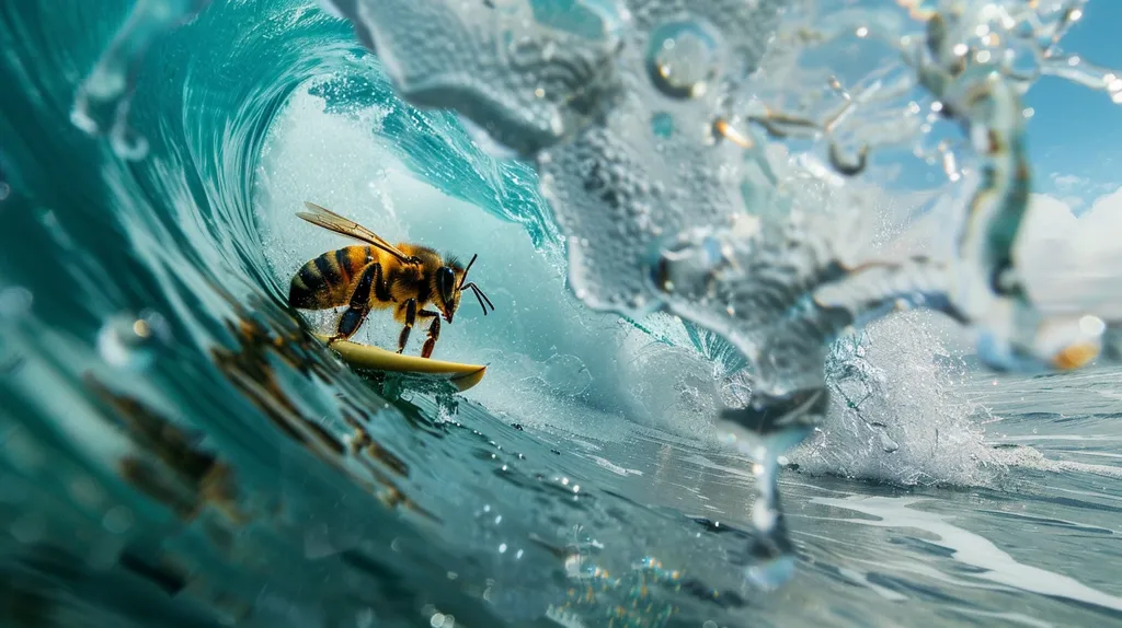 A bee rides a small surfboard through a breaking wave. The wave is turquoise and white, with sunlight reflecting off the water. The bee has its wings outstretched and its body is mostly submerged in the wave. The image is taken from underwater, with the bee and wave in the foreground, and the rest of the ocean in the background. The image is a humorous and unexpected take on the sport of surfing.