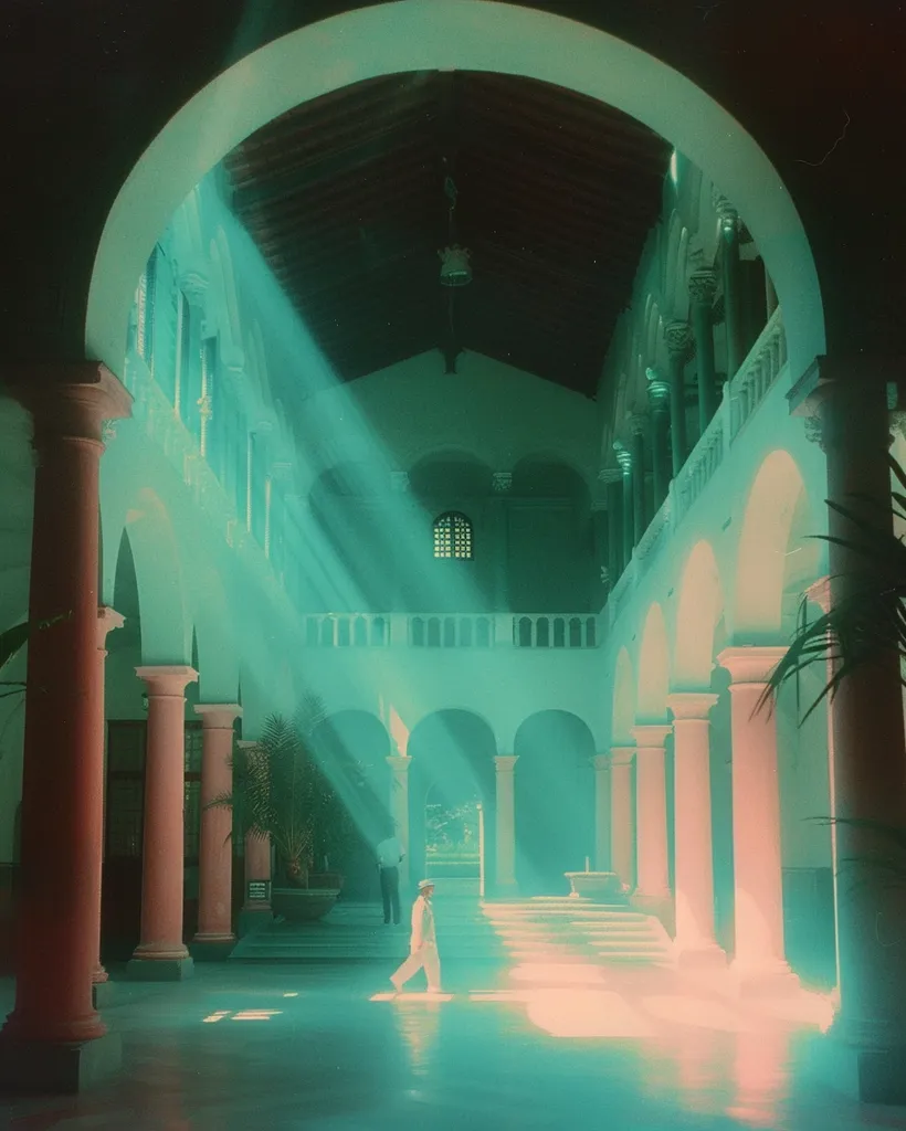 Sunlight streams through an arched doorway into a grand, colonnaded hall. The light bathes the space in a soft, green glow, illuminating a man walking towards the center. The high ceilings and ornate architecture create a sense of grandeur and mystery. The image evokes a feeling of tranquility and ethereal beauty.