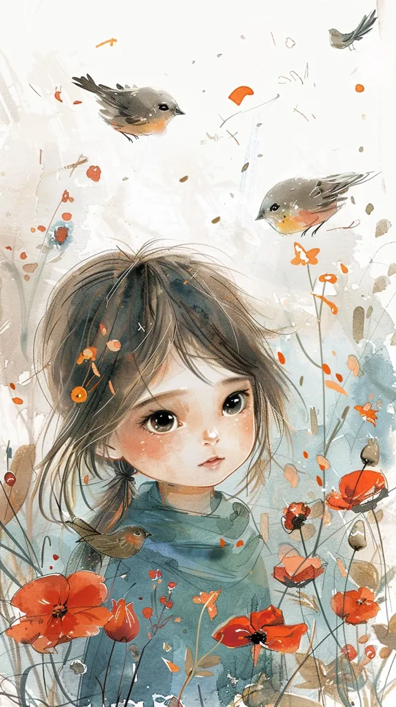 A young girl with large brown eyes looks down at a field of red poppies.  A blue scarf drapes around her neck.  Three birds with orange breasts fly through the air. The image is created in watercolor and has a soft and dreamy feel.  The overall impression is one of tranquility and beauty.