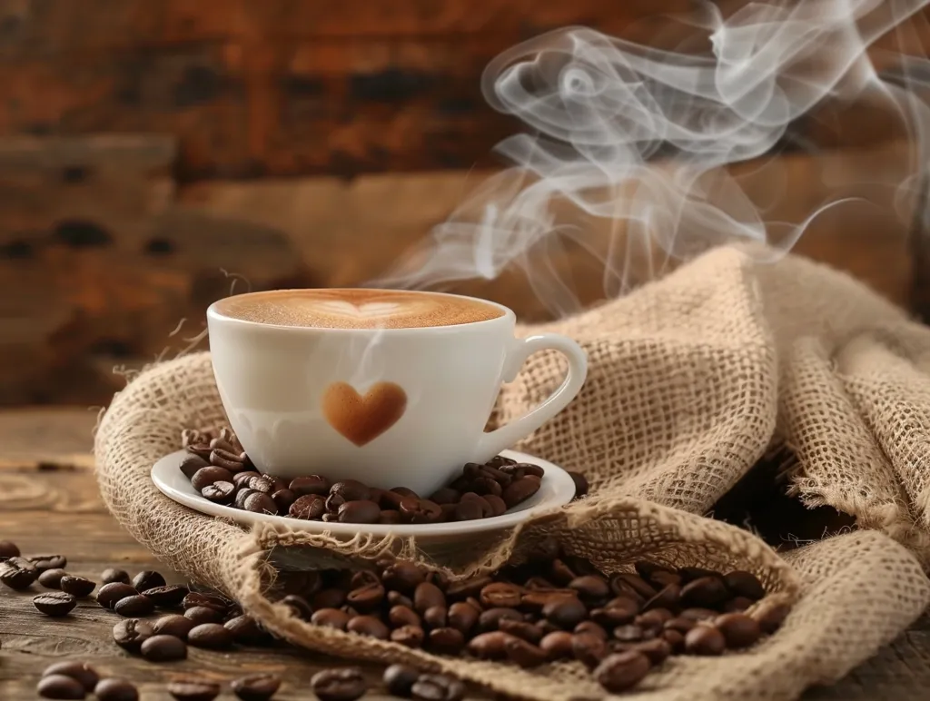 A white coffee cup filled with steaming cappuccino sits on a burlap cloth surrounded by coffee beans. A heart-shaped design is visible on the side of the cup. The cup sits on a saucer with more beans scattered around it. The background is a rustic wooden surface.  The image conveys a warm and inviting atmosphere.