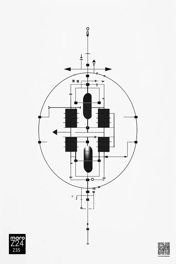 The image is a minimalist design featuring a central, vertical line surrounded by geometric shapes. A circle bisects the line, and four squares, connected by lines, form a grid within the circle. Each square is filled with a black shape. A smaller, vertical line extends downwards from the central line. The design is symmetrical and has a clean, modern aesthetic.