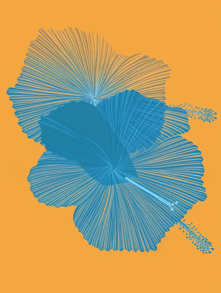 The image is an artistic depiction of a blue hibiscus flower, set against a bright orange background. The petals of the flower are stylized, with a pattern of fine lines radiating from the center. The image evokes a feeling of tropical beauty and summer vibes.