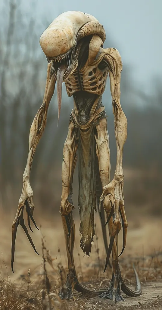 The image depicts a skeletal, alien creature with long, sharp claws and a protruding tongue. Its body is predominantly brown with a tattered, grey cloth draped around its waist. The creature stands in a field of dried grass, its long, spindly legs suggest a predatory nature. Its skeletal form and menacing features create a sense of unease and otherworldly terror.