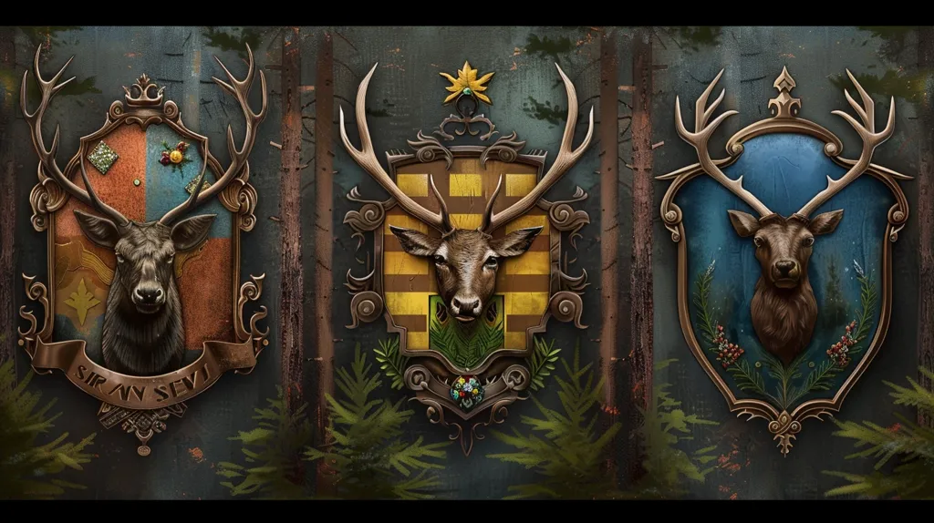 The image depicts three ornate, golden-framed shields, each featuring a mounted deer head. The shields are set against a backdrop of a dark, wooded forest. The first shield features a blue and orange background, and the words "Sir An Sev" are inscribed below. The second shield has a yellow and black pattern, and the third has a blue background with red berries. All three shields are intricately designed with floral and leafy embellishments.