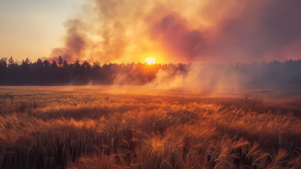 A field of golden wheat sways gently in the warm breeze, bathed in the ethereal glow of a setting sun.  A line of dark trees stands silhouetted against the vibrant sky, which is filled with wispy clouds of smoke, creating a sense of both tranquility and mystery.  The scene evokes a feeling of peace and quietude, with a hint of danger lurking beneath the surface.