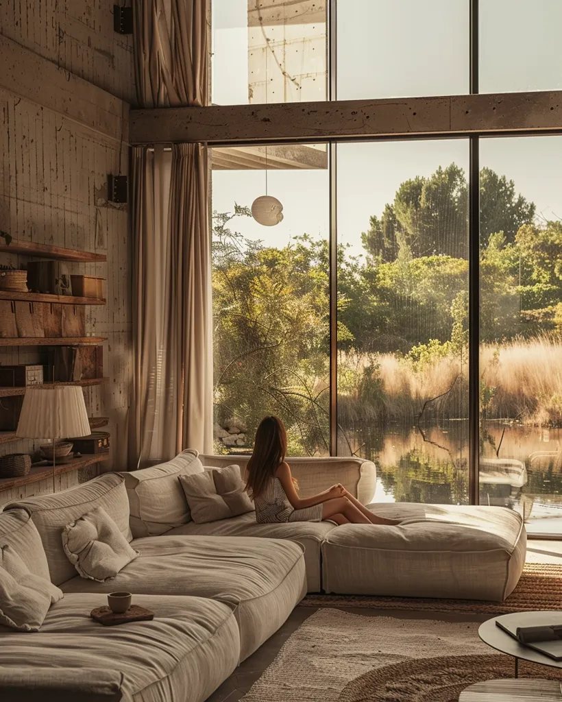 A woman sits on a large, plush sectional sofa, facing a window with a view of a tranquil pond surrounded by trees. The room features exposed concrete walls and a rustic wooden shelf, creating a minimalist yet comfortable atmosphere.  Natural light streams through the expansive windows, illuminating the space with a warm glow.  The overall image evokes a sense of serenity and relaxation.