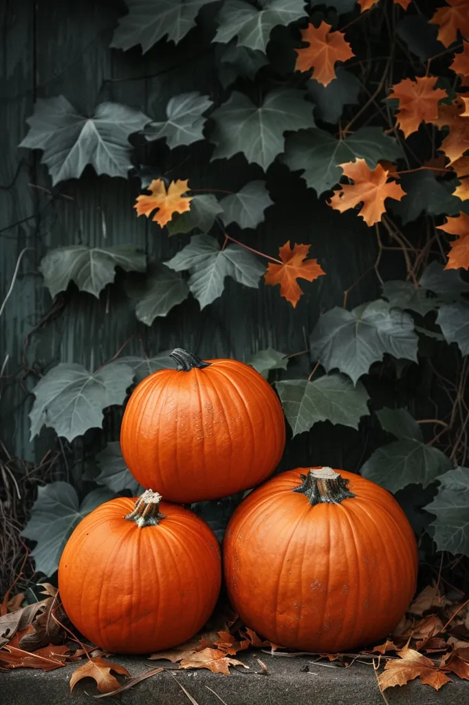 Three plump pumpkins rest on a stone surface. They are surrounded by a lush backdrop of dark green leaves and fallen orange leaves. The pumpkins are a vibrant orange and sit in a pyramid formation. The image captures the essence of autumn and the changing seasons.