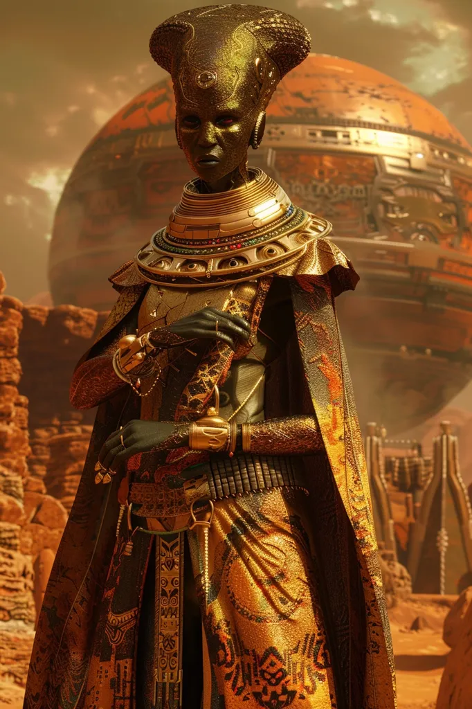 A woman with dark skin and gold jewelry stands in a desert landscape. Her head is adorned with a crown and she wears a long gold robe with intricate patterns.  A large, spherical object hovers in the background, partially obscured by a reddish-brown landscape. The image has a futuristic and fantastical feel.