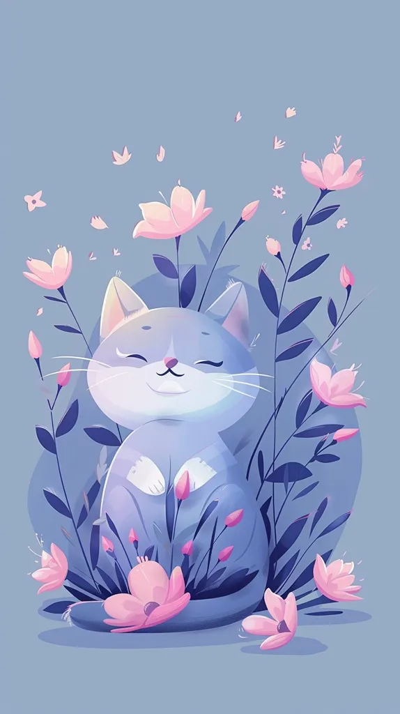 A cute, blue cat sits nestled amongst pink flowers and blue-green leaves on a soft blue background. The cat has its eyes closed and a peaceful expression, suggesting a sense of tranquility and contentment. The image evokes feelings of sweetness, innocence, and a gentle beauty.