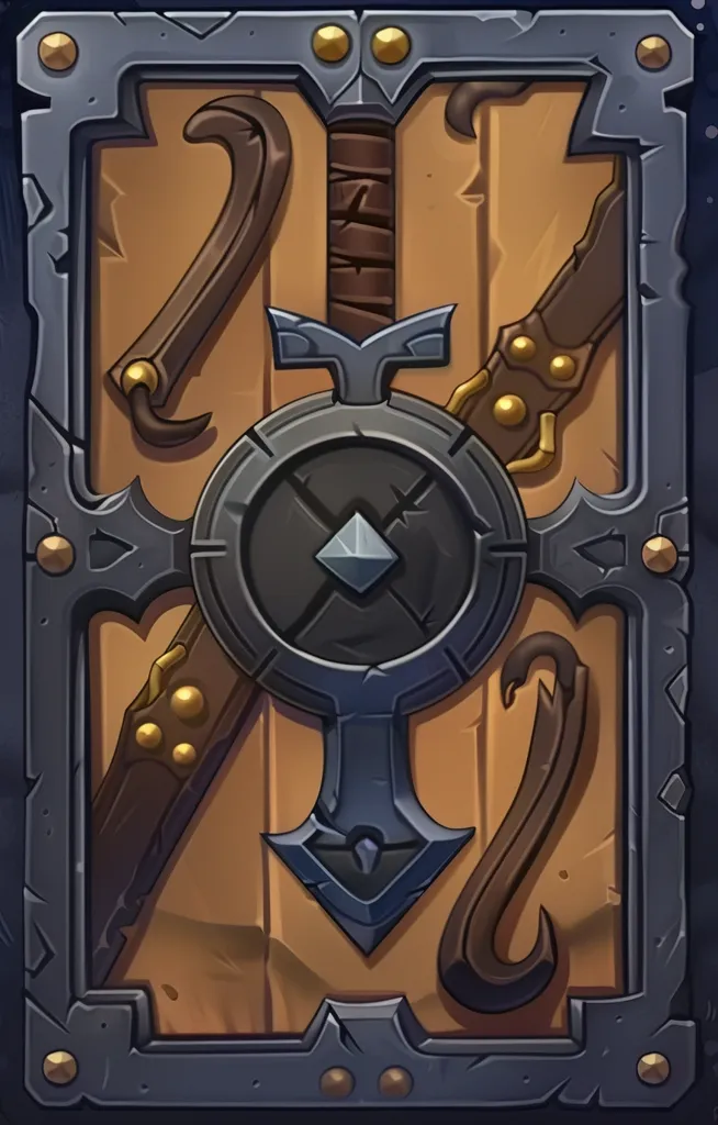 The image shows a metal chest with a wooden interior. It contains a sword, a shield, and two curved blades. The chest is decorated with metal studs and has a diamond-shaped jewel in its center. The image has a stylized cartoon look.