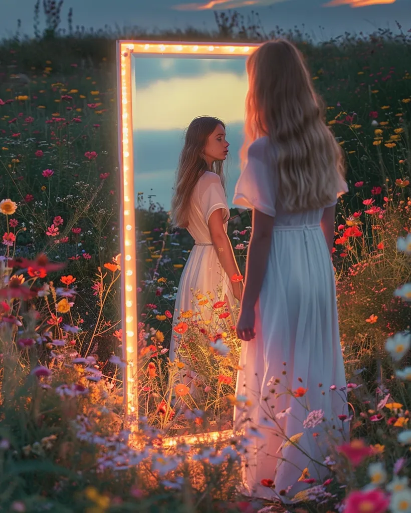 A woman in a white dress stands in a field of wildflowers. She is looking into a mirror, which is framed in lights. The reflection shows another woman in a white dress, looking back at her. The background is a soft, blurred image of the field and sky, creating a dreamy atmosphere. The scene is bathed in a warm, golden light.