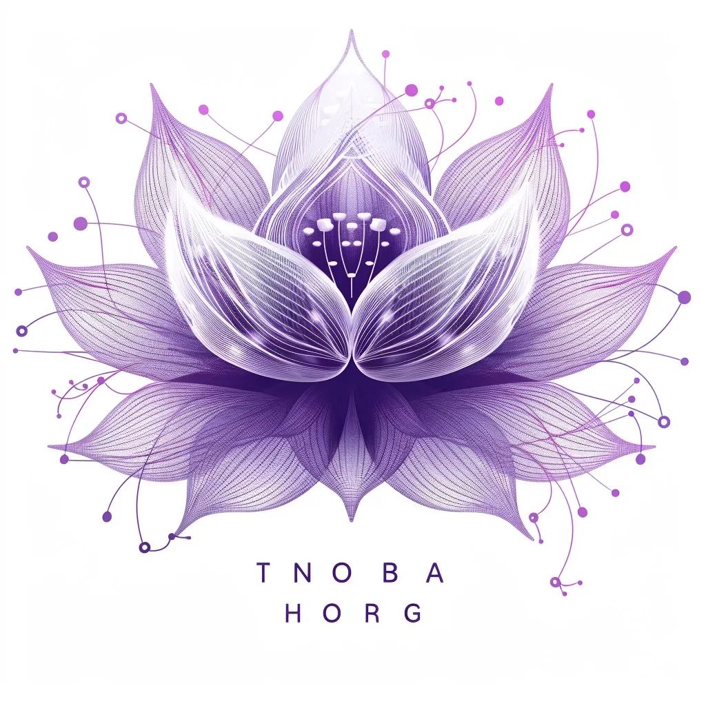 The image depicts a purple lotus flower with intricate details and delicate lines. The flower is rendered in a semi-transparent style, giving it a ethereal and delicate quality. The background is white, highlighting the flower's beauty and allowing for a clear and elegant presentation. The word "THORB" is written in reverse beneath the flower, hinting at a potential connection to the visual representation.  The image evokes a sense of peace, tranquility, and spiritual connection.