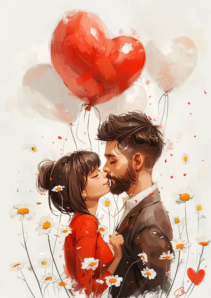 A romantic illustration of a man and a woman kissing in a field of white daisies. The man has a beard and is wearing a gray suit. The woman is wearing a red dress and has long black hair. There are three heart-shaped balloons in the background, one red and two white.  The image is painted in a soft, dreamy style.