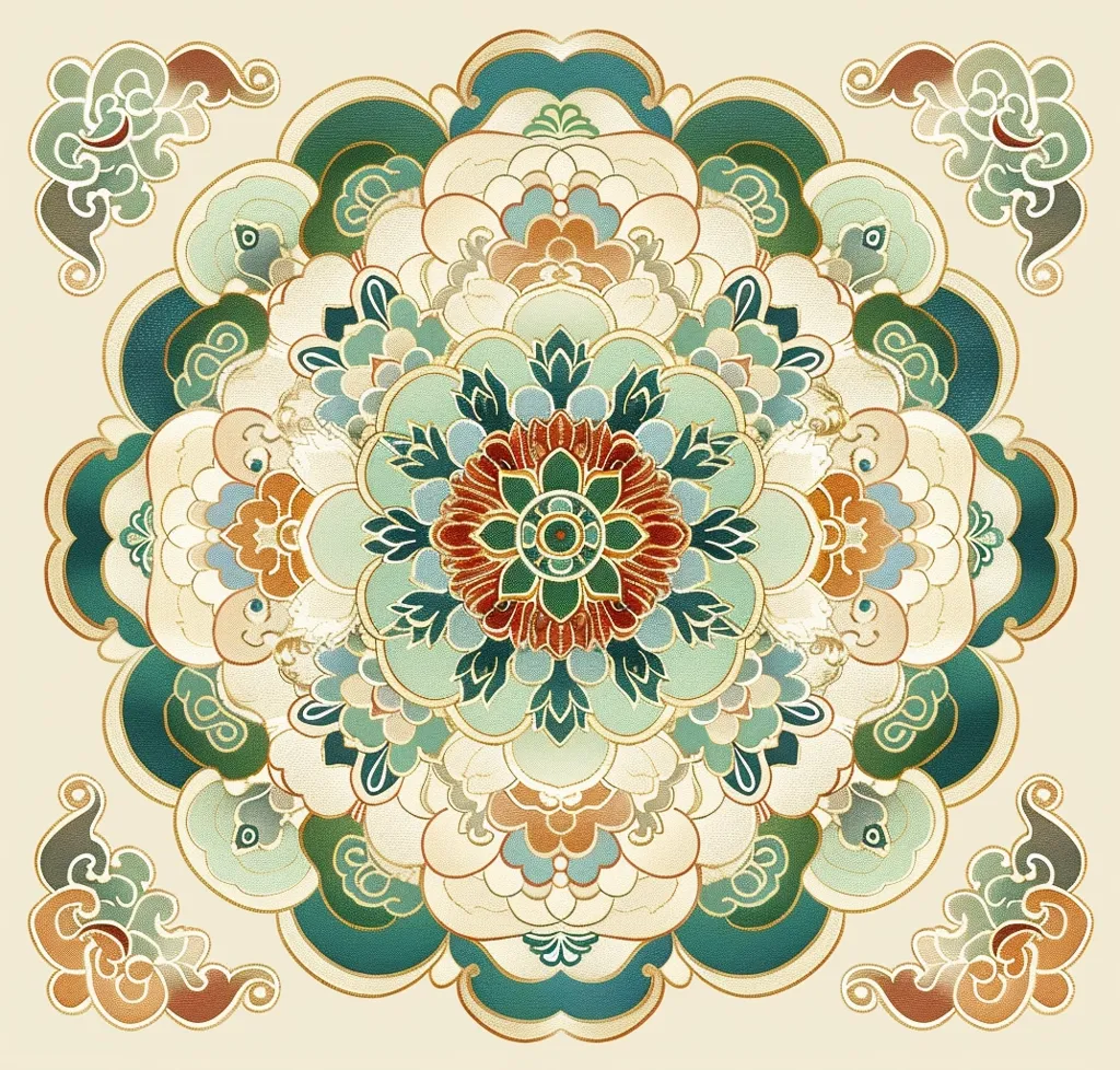 The image showcases a circular, intricately designed mandala pattern on a beige background. The mandala features multiple layers of overlapping flowers and leaves in shades of green, blue, red, and orange. The floral motifs are meticulously detailed, with swirling shapes and patterns reminiscent of traditional Chinese or Japanese art.  The intricate design and vibrant colors create a sense of symmetry and elegance.