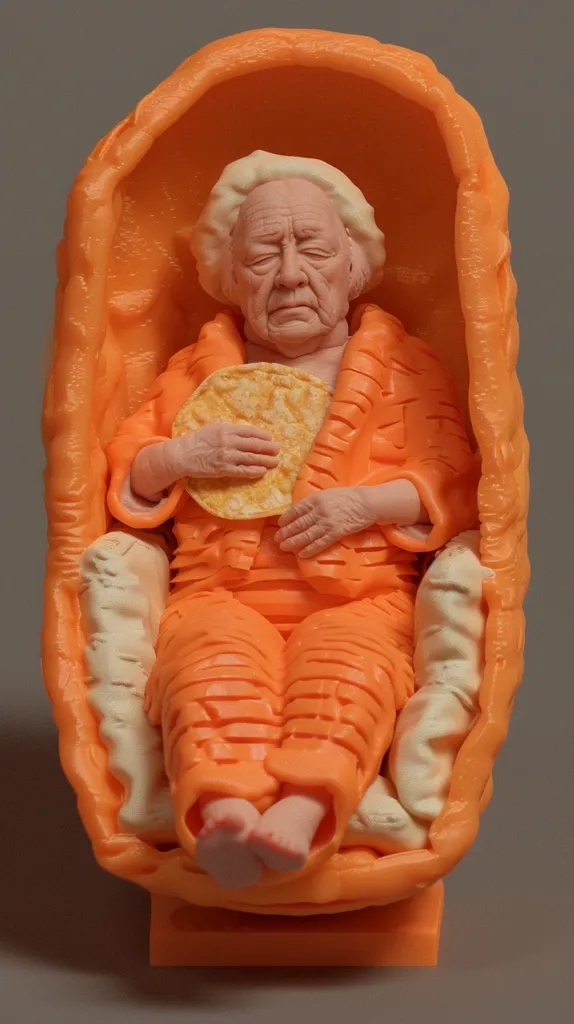 A 3D printed sculpture of an elderly woman sitting in a chair. She is wearing a bright orange robe and has a relaxed expression on her face. She is holding a round, orange object, possibly a cracker, in her hands. The sculpture is detailed and realistic, capturing the wrinkles of the woman's face and the texture of her clothing. The bright orange color of the sculpture creates a cheerful and playful atmosphere.