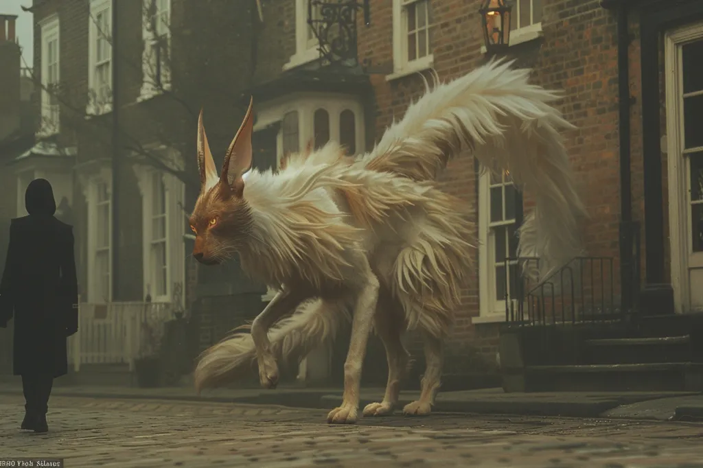 A large, furry, fox-like creature with long, white ears and a long, bushy tail walks down a cobblestone street in front of a row of brick houses. The creature has glowing yellow eyes and is walking towards a shadowy figure in the distance. The atmosphere is misty and mysterious, giving the image a sense of fantasy and wonder.