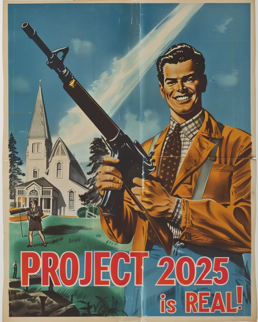 A man in a brown jacket holds a rifle in front of a church. He is smiling and looking directly at the viewer. The poster is titled "Project 2025 is Real!" and features a bright, colorful aesthetic.  The man’s confident stance and the imposing presence of the rifle contribute to the overall sense of urgency and danger.  The church in the background suggests the potential impact on religious institutions.