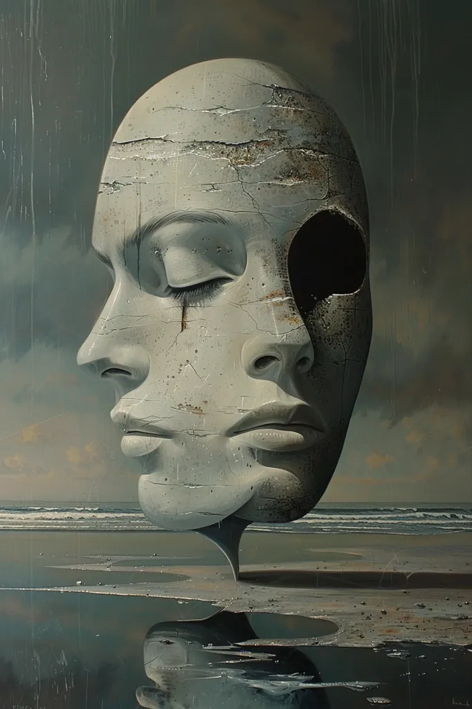 The image depicts a surreal and abstract sculpture of a face. The face appears to be made of concrete and is cracked and weathered. The face is missing an eye, which adds to the surreal and eerie nature of the image. The sculpture is set against a background of a stormy sea and a gray sky. The overall feeling of the image is one of mystery and melancholy.