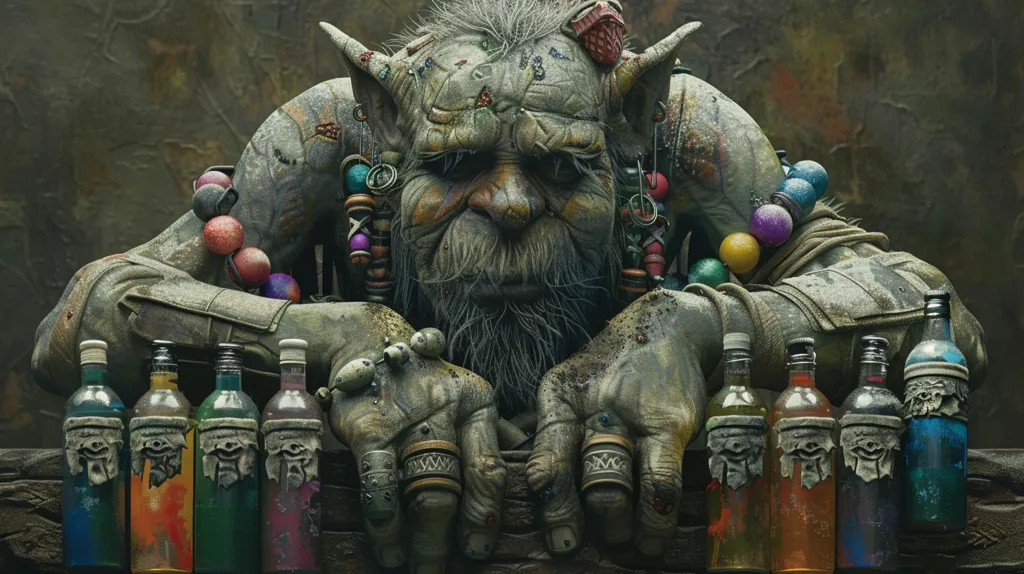 A grotesque, green-skinned creature with a long, white beard sits hunched over, adorned with colorful beads and rings. The creature's face is wrinkled and weathered, with sharp teeth and large, piercing eyes.  They are resting their large, gnarled hands on a wooden table, upon which sits a row of eight bottles filled with various colored liquids.  The bottles are decorated with a single eye and appear to be sealed with a dark, wax-like substance.