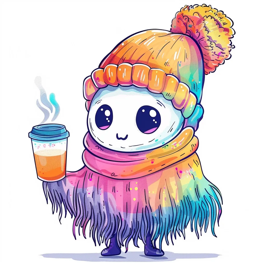 A cute, cartoon-style creature with large eyes and a happy smile is wearing a colorful knitted hat and scarf. The creature is holding a cup of steaming hot beverage, suggesting warmth and comfort. The image is vibrant and whimsical, with a playful and cheerful vibe.