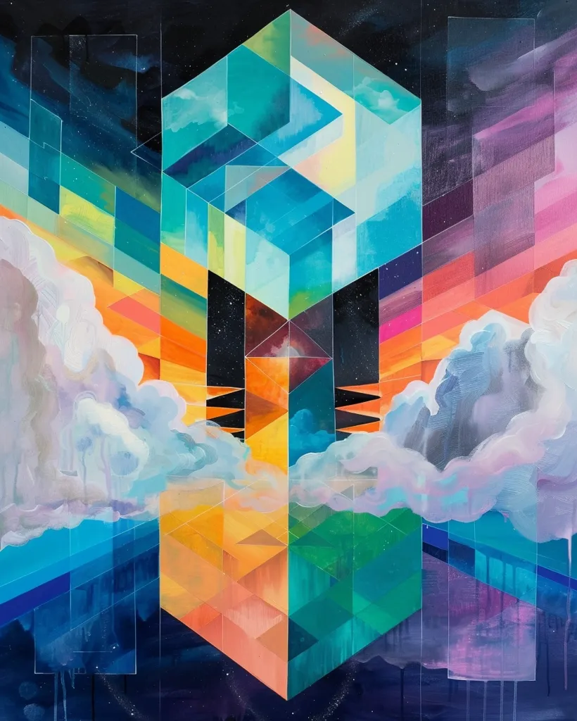 The painting features a large, geometric, 3D shape composed of various shades of blue, green, and yellow. The shape is positioned vertically in the center of the canvas and appears to be floating amidst a background of clouds and a starry night sky.  The background is painted in shades of purple, pink, and orange.  The overall impression is one of movement and energy, as if the geometric shape is floating through a boundless, celestial landscape.  The use of bright, vibrant colors and geometric shapes creates a sense of awe and wonder.
